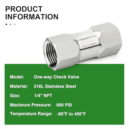 1PCS 316L Stainless Steel 1/4" NPT Female Check Valve,Backflow Prevention,One Way Non-Return Check Valves - size: 1/4" FNPT
