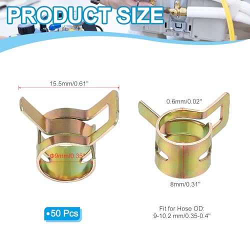 PATIKIL Spring Band Hose Pipe Clamps for 9-10.2 mm OD Hose, 50 Pack Silicone Vacuum Constant Tension Band Clips for Fuel Line Silicone Air Hose Tube Water Pipe, Gold - size: 9-10.2 mm