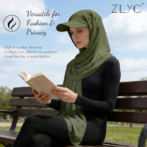 ZLYC Women Muslim Hijab Scarf with Visor Built-in Undercap Sun Protection Headwrap - color: Solid Army Green
