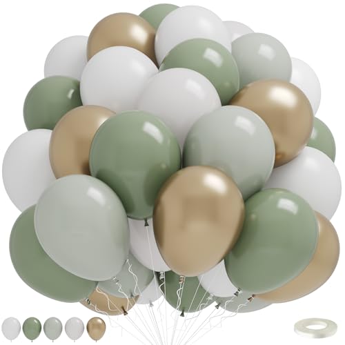 Dusty Green White Gold Balloons, 50pcs Sage Olive Green Metallic Champagne Gold White Latex Balloons for Wedding Engagement Birthday Baby Shower Eucalyptus Party Decoration Supplies - color: Green White