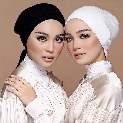 Yeieeo Women's Satin-Lined Tie Closure Hijab Undercap Non Slip,Premium Jersey Muslim Daily Wear Inner Headscarf Cap - color: White