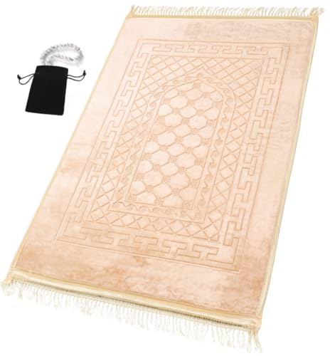 Prayer Rug Muslim Mat Islamic - Thick Prayer Rug Sajadah for Kids Men Women with Islam Prayer Beads for Eid Travel Ramadan, Soft and Luxury (Beige) - color: Beige