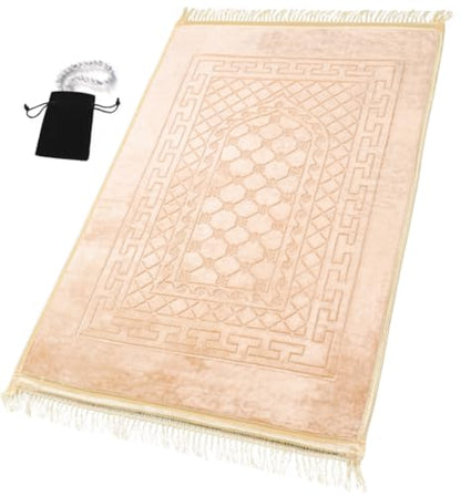 Prayer Rug Muslim Mat Islamic - Thick Prayer Rug Sajadah for Kids Men Women with Islam Prayer Beads for Eid Travel Ramadan, Soft and Luxury (Beige) - color: Beige