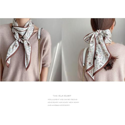 Silk Feeling Head Scarf Fashion Satin Hair Scarf Square Long Scarves for Women Gifts - color: 02 Coffee Drop Shaped 5.12 X 59 Inch