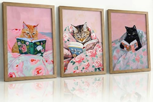 BZTPIO 3Pcs Framed Vintage Cat Canvas Wall Art, Pink, 12''x16'' - color: Reading Cat, size: 16"L x 12"W