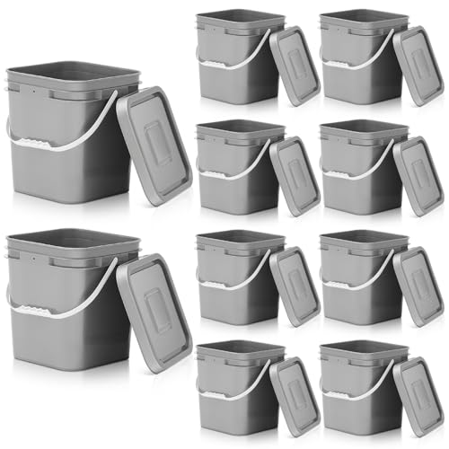 Mumufy 10 Pcs 3.5 Gallon Square Food Grade Bucket with Lid Plastic Buckets Pail with Handle Lid Heavy Duty Buckets for Storing Dry Food Charcoal Camping Fishing(Grey) - color: Gray, style: Square