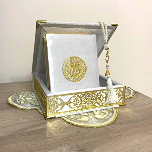 Velvet Covered Quran and Pearl Tasbih in Wooden Decorative Box | Islamic Gift Set | Muslim Eid Ramadan Gift (White) - color: White