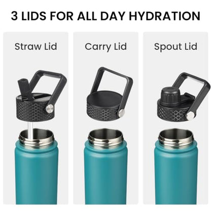 Konokyo 22oz Stainless Steel Bottles with 3 Lids Sport Insulated Water Bottle,Light Blue - color: Light Blue, size: 22 Ounces