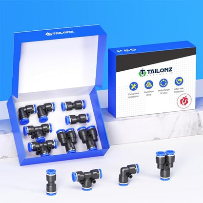 TAILONZ PNEUMATIC 5/16 inch or 8mm od Push to Connect Fittings Pneumatic Fittings Kit 2 Spliters+2 Elbows+2 tee+2 Straight (8 pcs) - color: Blue, size: 8MM OD//8PCS