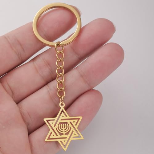 VASSAGO Star of David Keychain for Women Men Jewish Star Menorah Keyring Stainless Steel Hanukkah Keychain Religious Jewelry - color: Gold+silver
