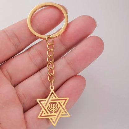 VASSAGO Star of David Keychain for Women Men Jewish Star Menorah Keyring Stainless Steel Hanukkah Keychain Religious Jewelry - color: Gold+silver