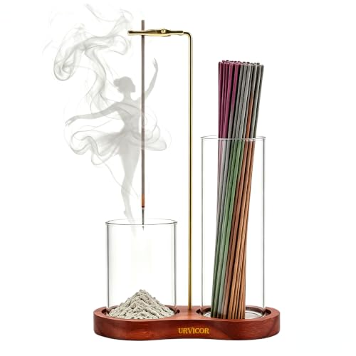 2-in-1 Upside Down Incense Holder with Storage, Anti-Ash Flying Glass Incense Burner Stand, Wooden Base Brass Hanging Incense Ash Catcher for Sticks, Aesthetic Room Decor Gift