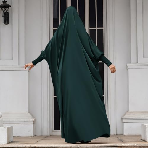 IKADEX Jilbab 무슬림 여성용 후드 아바야 카프탄 드레스 히잡 차도르 원피스 루즈핏 아랍어 이슬람 기도 로브 - color: 다크 그린.
