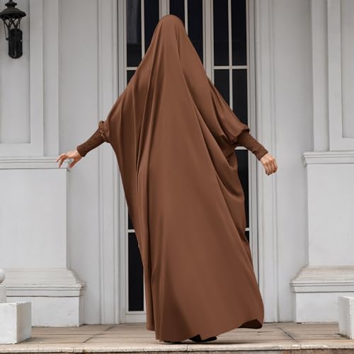IDOPIP Muslim Abaya for Women One Piece Long Sleeve Islamic Prayer Dress with Hooded Hijab Maxi Kaftan Robe Modest Clothes - color: Coffee