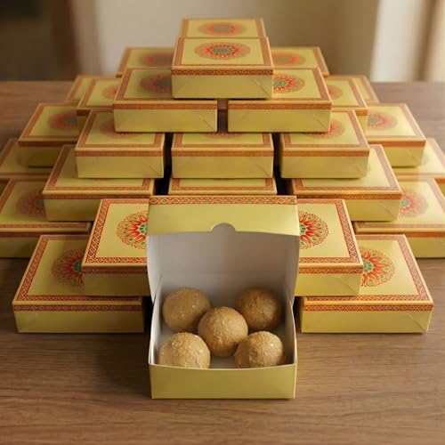LOVENSPIRE Mandala Design Empty Sweet Boxes for Mithai, Ladoo, Cookies & Dry Fruits Treats – Small Cardboard Containers for Wedding, Pooja, Housewarming, & Indian Return Gift Packaging 250g (50 Pcs) - color: 250g, size: 1 count (Pack of 50)