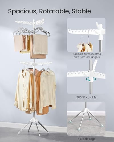 SONGMICS 2단 의류 건조대, 190cm(75.2인치) 접이식 세탁 건조대, 행거용 6개의 회전 가능한 암, 스테인리스 스틸, 옷 54개, 화이트 및 실버 ULLR514W01 - color: 화이트 + 실버, style: 2단 행