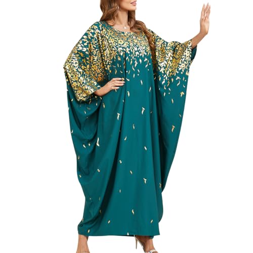 OBEEII Muslim Dress for Women Loose Batwing Sleeved Hooded Beaded Embroidery Long Abaya Dress Kaftan Abayas Islamic Robe - color: Dark Green