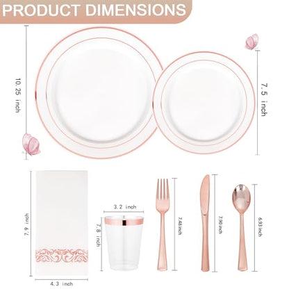 Supernal 200pcs Rose Gold Plastic Dinnerware included Disposable Flatware& Plastic Party Plates Disaposable Cups and Napkins,Perfect for Valentine's Day Mother's Day and Easter - color: 200pcs White and Rose Gold Plastic Dinnerware