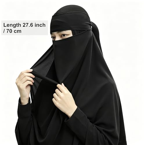 Single Layer Niqab, Soft Chiffon Muslim Veil Face Cover, One Layer Nose Piece, Hijab Prayer Face Mask for Women Men - color: Black