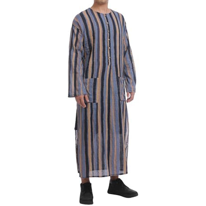 IWEMEK Muslim Thobe for Men Striped Kaftan Thobe with Pockets Saudi Arabic Robe Button up Dubai Abaya Caftan Ramadan Clothes - color: Blue, size: Medium