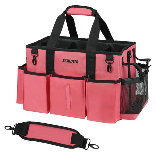 SCAVATA Wearable Cleaning Caddy Bag, Cleaning Caddy Supplies Organizer with Handle & Shoulder Straps for Housekeepers, Under Sink & Car Cleaning Tool Organizers with 4 Foldable Divider (RoseRed) - color: RoseRed