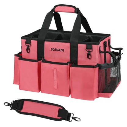 SCAVATA Wearable Cleaning Caddy Bag, Cleaning Caddy Supplies Organizer with Handle & Shoulder Straps for Housekeepers, Under Sink & Car Cleaning Tool Organizers with 4 Foldable Divider (RoseRed) - color: RoseRed