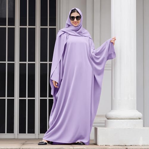 IDOPIP Abayas for Women Muslim Dress with Hijab, One-Piece Long Sleeve Islamic Prayer Dress with Khimar Jilbab Kaftan Clothes - color: Light Purple + Hijab