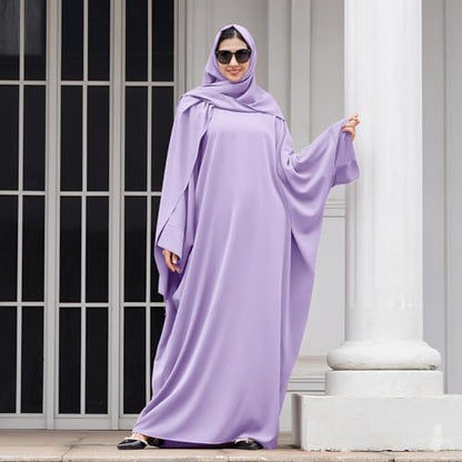 IDOPIP Abayas for Women Muslim Dress with Hijab, One-Piece Long Sleeve Islamic Prayer Dress with Khimar Jilbab Kaftan Clothes - color: Light Purple + Hijab