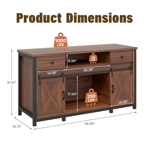 Farmhouse Fish Tank Stand w/Power Outlet – Heavy Duty Aquarium Cabinet, 800 lb Capacity, Adjustable Storage, Thickened MDF & Steel Frame, Sliding Barn Doors, (Light Brown, 75-120 Gallon)