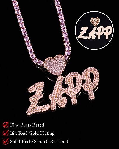 Lulu Mel Iced Out Personalized Cursive Name Necklace For Trendy Women, Custom Handmade Nameplate Pendant With Cuban Link Chain, White Gold Plated Hip Hop CZ Diamond Jewelry Gifts - color: Rose Gold/Heart Hook