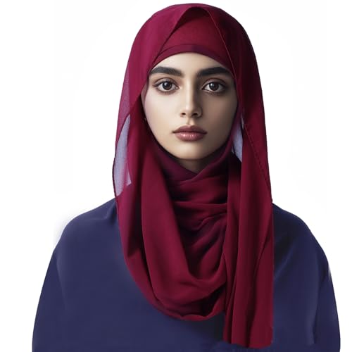 Instant Chiffon Hijab with Undercap Solid Color Muslim Hijabs Scarf Head Wraps Ready To Wear Hijab For Women - color: Burgundy