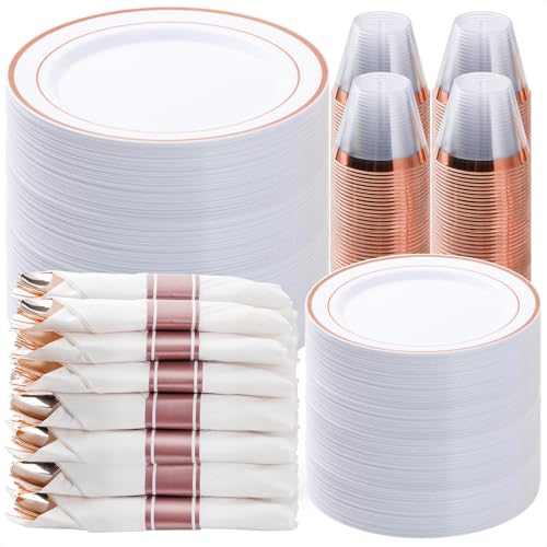 BESTVIP 700PCS Rose Gold Plastic Dinnerware Set, Disposable Party Plates for 100 Guests, Include: 200 Plastic Plates, 100 Pre Rolled Napkins with Rose Gold Silverware, 100 Cups for Christmas - color: Rose Gold, size: 100 Guests