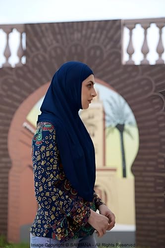 SARJANA Women's Solid Color Cotton Hijab with Under Scarf Cap Ready to Wear Stretch Scarves Long Scarfs FREE SIZE - color: Navy Blue