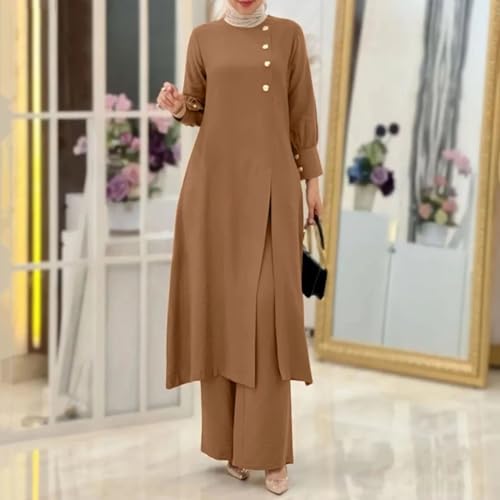 2 Piece Muslim Outfits For Women Long Sleeve Button Down Shirt And Baggy Pants Casual Dress Outfits Prayer Clothes - color: Khaki, size: Small