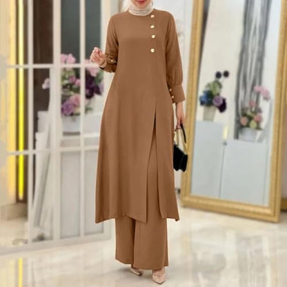 2 Piece Muslim Outfits For Women Long Sleeve Button Down Shirt And Baggy Pants Casual Dress Outfits Prayer Clothes - color: Khaki, size: Small