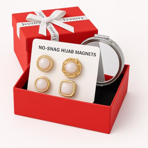 No Snag Hijab Magnets 4 Piece Set Strong Magnetic Pins for Scarves and Clothes Pinless Scarf Magnets Brooch Clasp Converter Magnetic Clips for Shawls Blouses Gift Mirror Included
