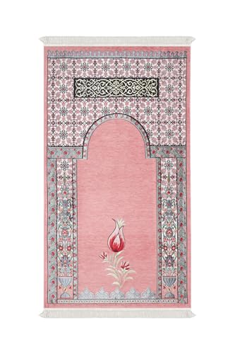 Pink Mihrab Lale Pattern Embossed Prayer Rug 25.6 x 43.3 in | Special Weave Jacquard Cotton | Classic Ottoman Art Inspired | refined Islamic Worship Mat for Women and | Comfortable Prayer Experience -