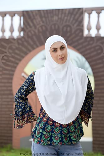 SARJANA Women's Solid Color Cotton Hijab with Under Scarf Cap Ready to Wear Stretch Scarves Long Scarfs FREE SIZE - color: White