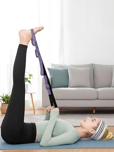 10 Loops Stretching Strap Yoga Strap for Home Workout, Exercise, Pilates and Gymnastics, Non-Elastic Stretch Bands for Women & Men - color: Black+Purple