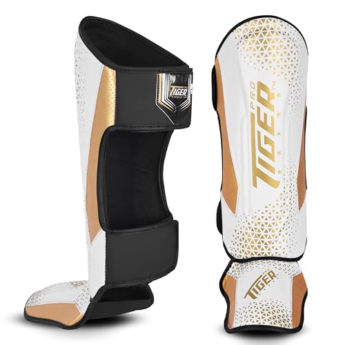 Shin Guards MMA, Muay Thai, Kickboxing, Leg Instep Protection Pads, Kicking, Sparring, Training Gear, Karate, Boxing, Taekwondo - Unisex - Black and White Colors - color: White/Gold, size: Small