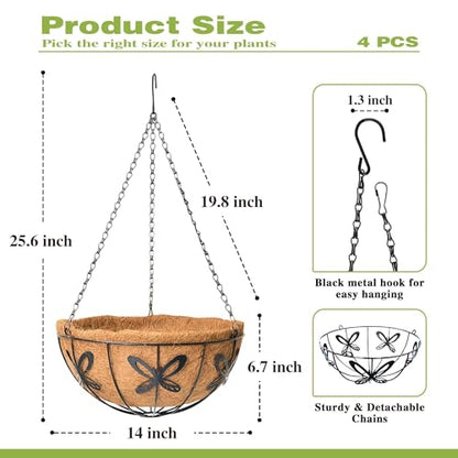 4 Pack 14 Inch Hanging Baskets for Plants Outdoor Metal Hanging Planter Hanging Flower Baskets with Coco Fiber Liners Chain Round Wire Plant Holder Hanging Flower Pots(Butterfly) - size: 14 Inch, style: Butterfly
