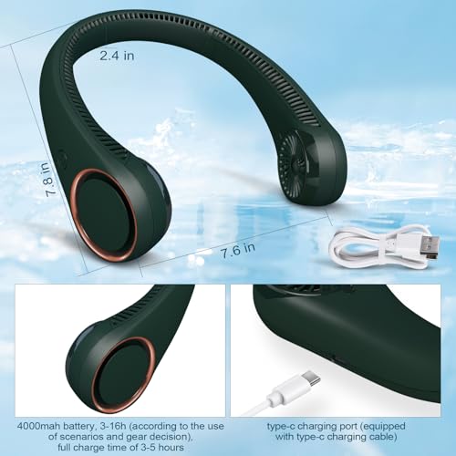 CIVPOWER Neck Fan: Portable Personal Neck Cooling Rechargeable Bladeless Fan - Hands Free 3 Speed 4000 mAh Battery USB Operated Wearable Headphone Design - Gift for Men Women Outdoor (Dark Green) - color: Dark Green
