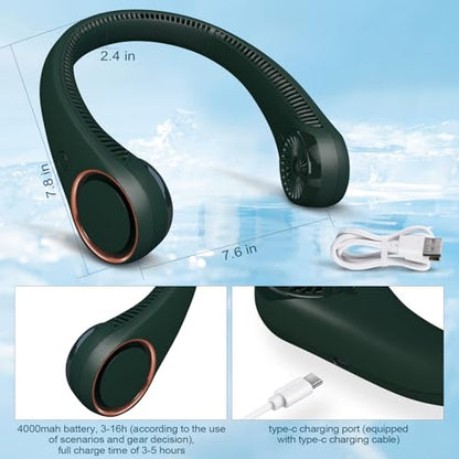 CIVPOWER Neck Fan: Portable Personal Neck Cooling Rechargeable Bladeless Fan - Hands Free 3 Speed 4000 mAh Battery USB Operated Wearable Headphone Design - Gift for Men Women Outdoor (Dark Green) - color: Dark Green