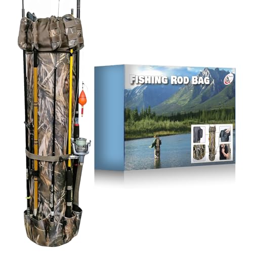 Fisherman's Gift Fishing Rod Carrier - Reel Organizer and Tackle Bag in Gift Box - Holds Five Poles and Tackle for Fishermen, Dads, Boys (Camo)