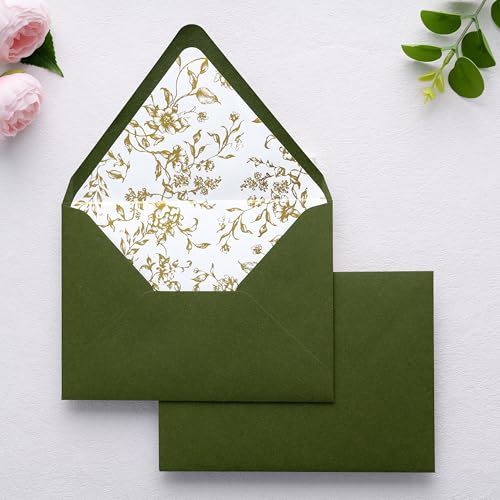 PONATIA A7 Euro Flap Gold Foil Liner Envelopes, Olive Green 5x7 Envelopes - color: Olive Green + Goil Foil
