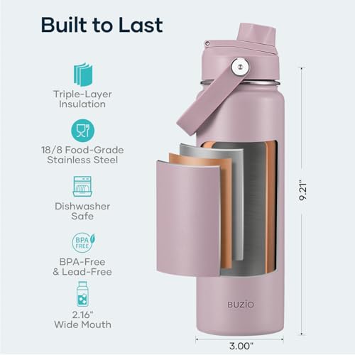 BUZIO 24 oz Water Bottle Insulated, Leakproof Stainless Steel Flask (Cold for 48 Hrs), Wide Mouth BPA-Free Metal Thermo Hydro Canteen with 2 Lids, Purple - color: Purple, size: 24 Ounces