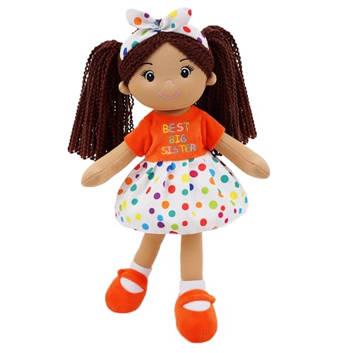 June Garden 14" Snuggle Cutie Lila – Best Big Sister Soft Plush Doll – Stuffed Girl Doll with Polka Dot Dress and Bow for Toddlers & Big Sister Announcements - Orange M - color: 14" Big Sister Lila, size: Medium