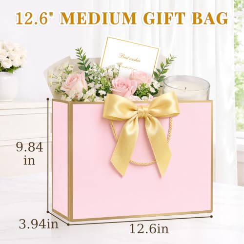 ANZNKU 2PCS Gift Bags for Women 12.6" Medium Pink Gift Bags with Handles 4 Tissue Paper 2 Ribbons 2 Cards, Cute Bag for Gifts Wedding Favors Birthday Engagement Bridal Baby Shower Party Presents - color: Soft Pink