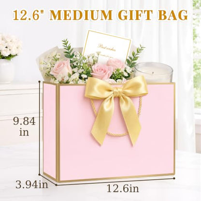 ANZNKU 2PCS Gift Bags for Women 12.6" Medium Pink Gift Bags with Handles 4 Tissue Paper 2 Ribbons 2 Cards, Cute Bag for Gifts Wedding Favors Birthday Engagement Bridal Baby Shower Party Presents - color: Soft Pink