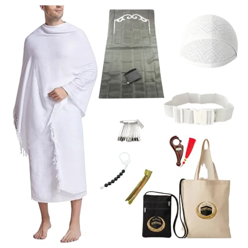 11 Piece Hajj Umrah Ihram Set for Men, Premium Turkish Cotton Ihram Towels 43x87 Inches, Muslim Pilgrimage Essentials Kit with Belt, Prayer Mat, Tasbih & Bags